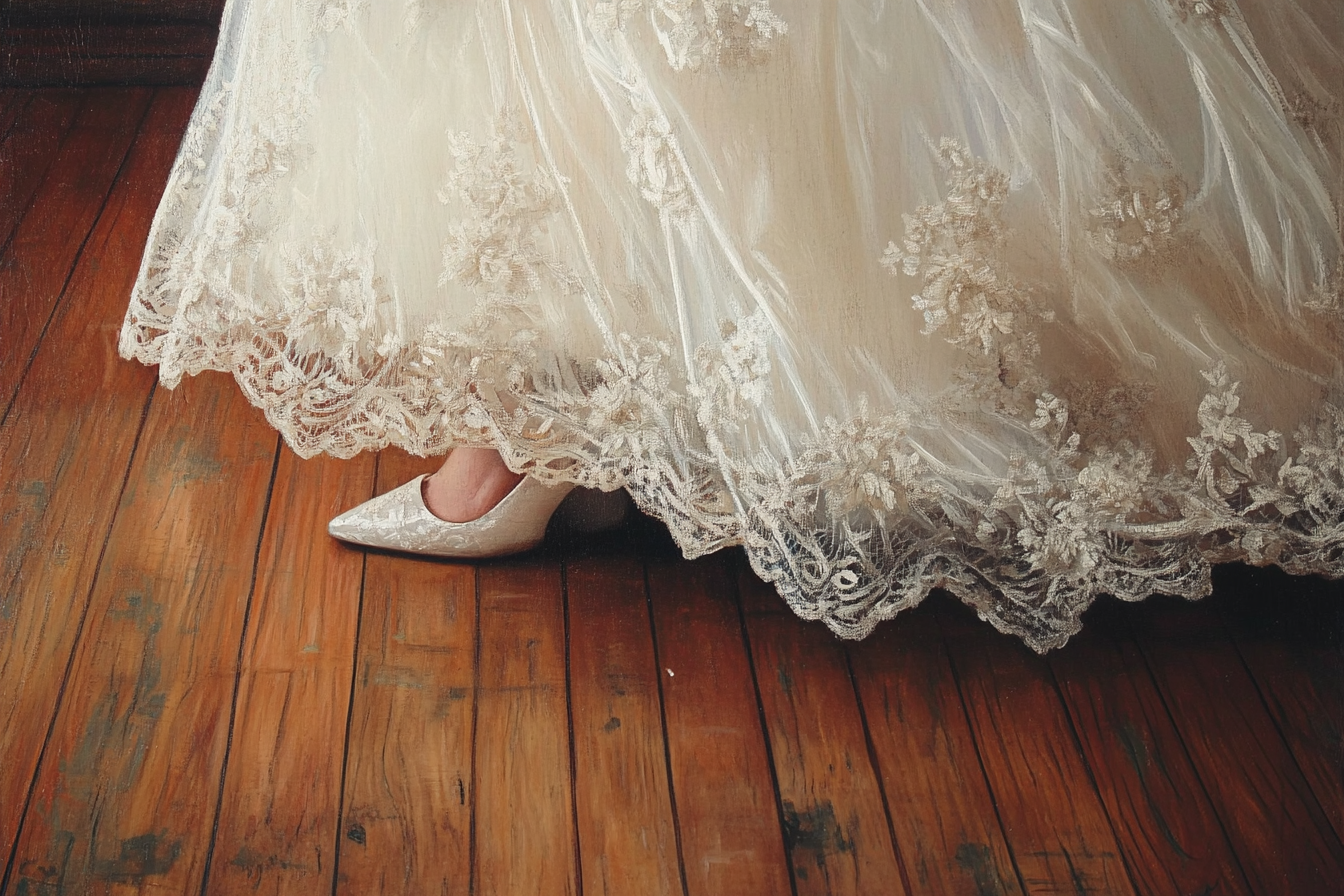 Une femme marchant rapidement en robe de mariée