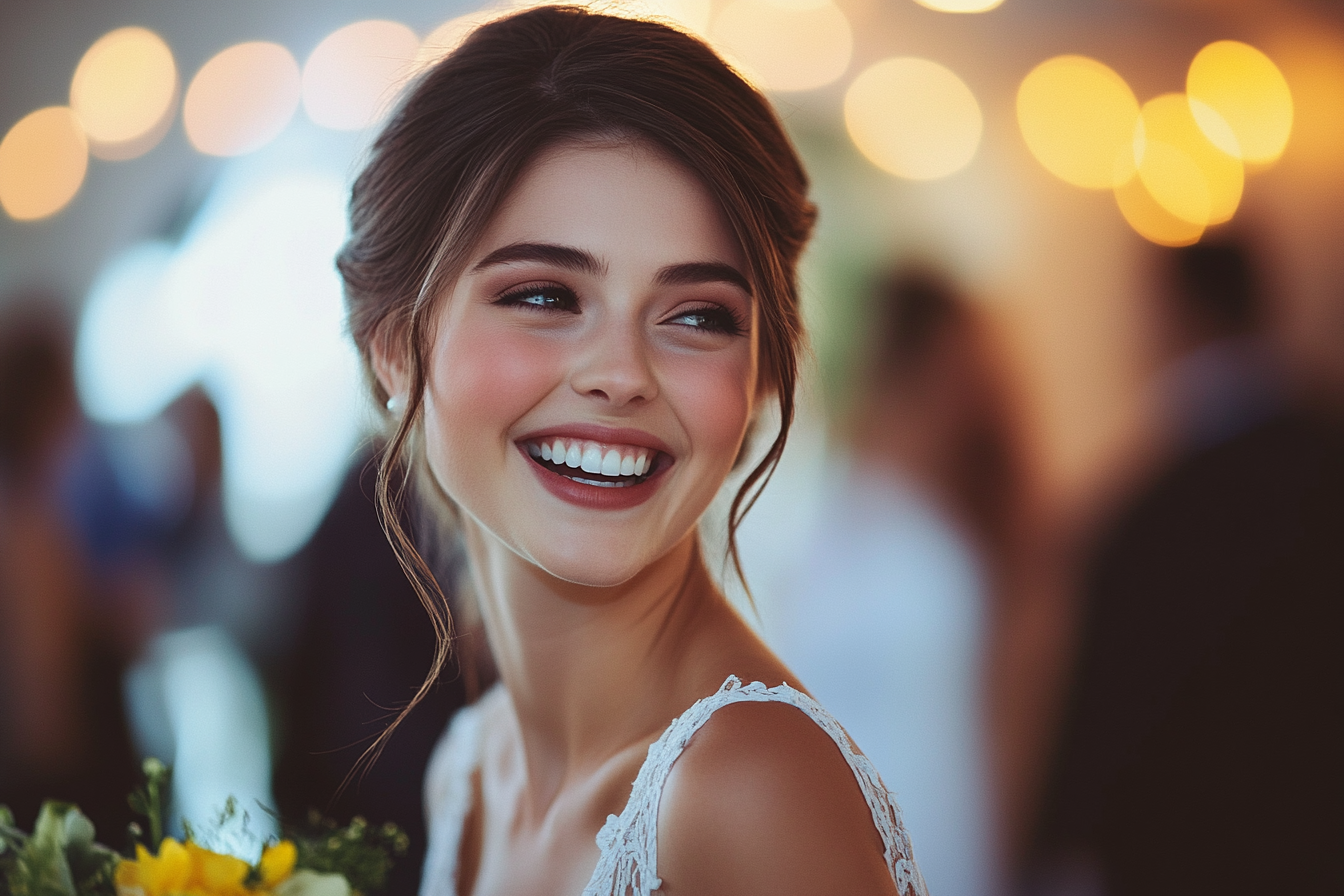 Une mariée heureuse regardant par-dessus son épaule
