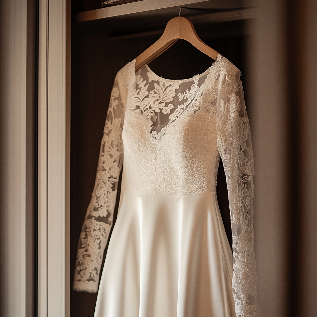 Une robe de mariée suspendue dans un placard