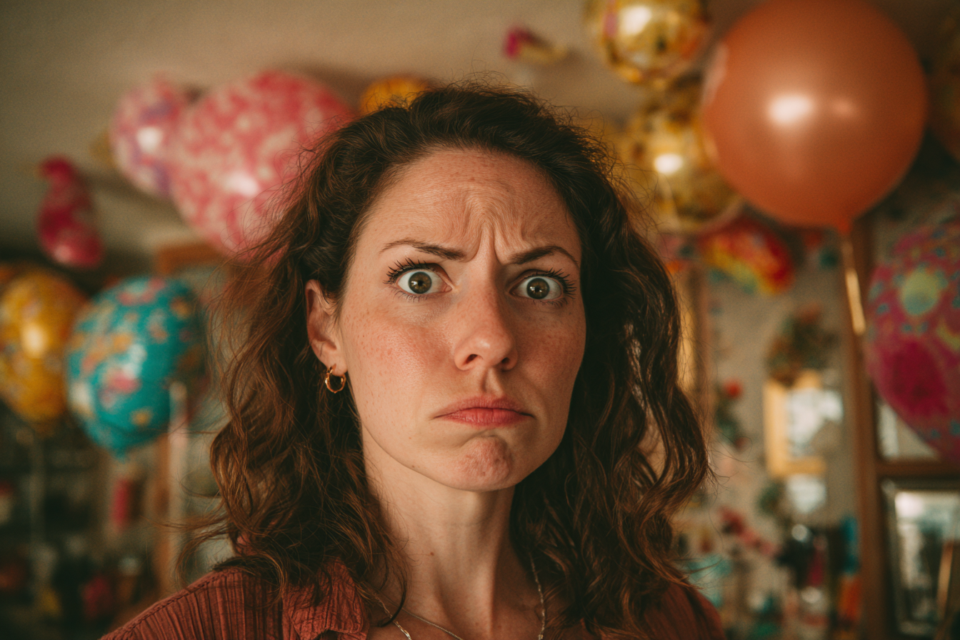 Femme fronçant les sourcils à une fête d'anniversaire