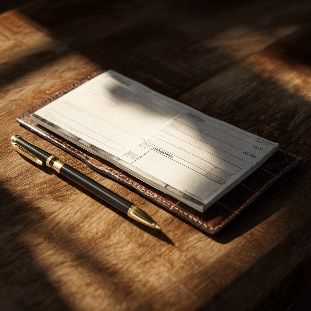 Un stylo à côté d'un chéquier