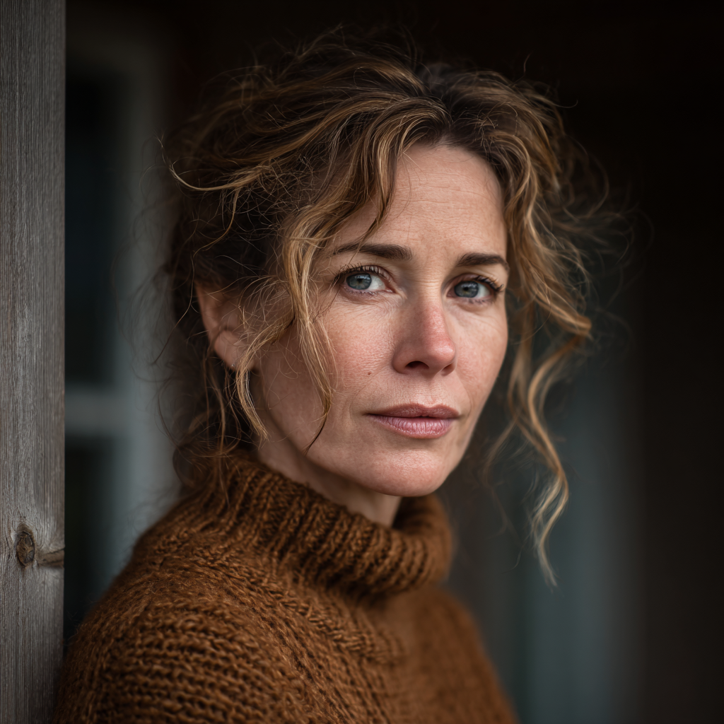 Une femme pensive se tenant sur un porche | Source : Midjourney