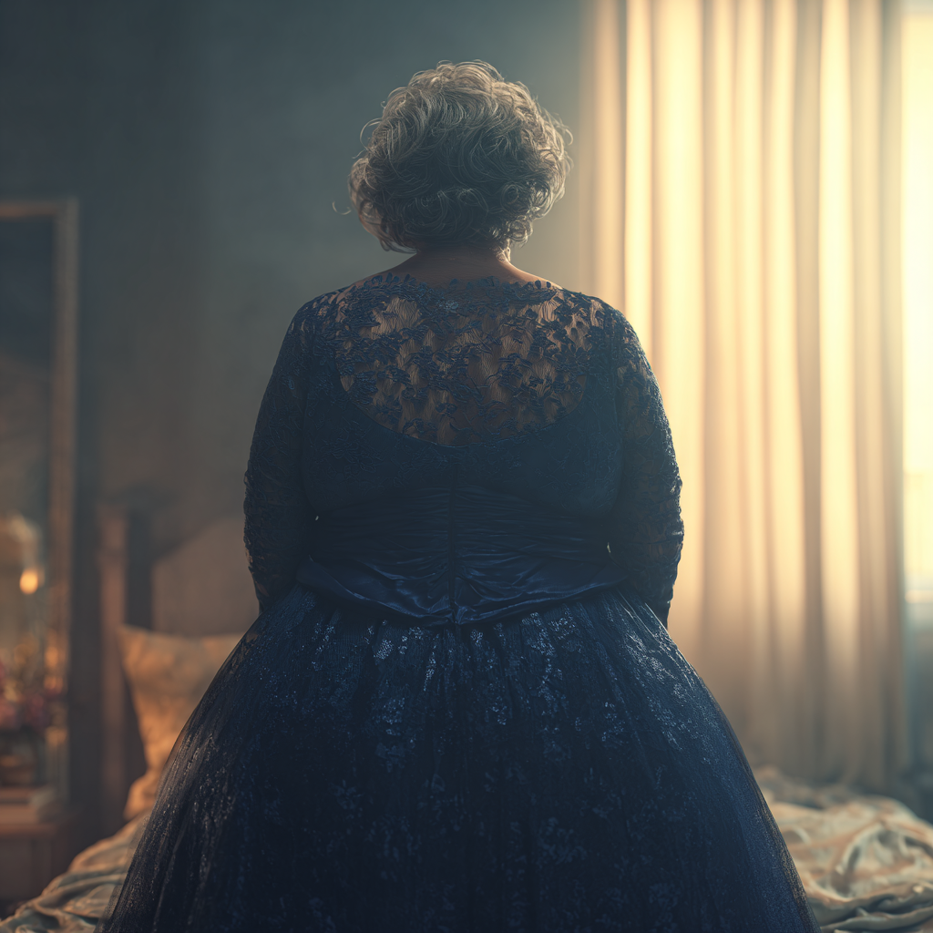 Une femme âgée portant une robe de soirée bleu marine