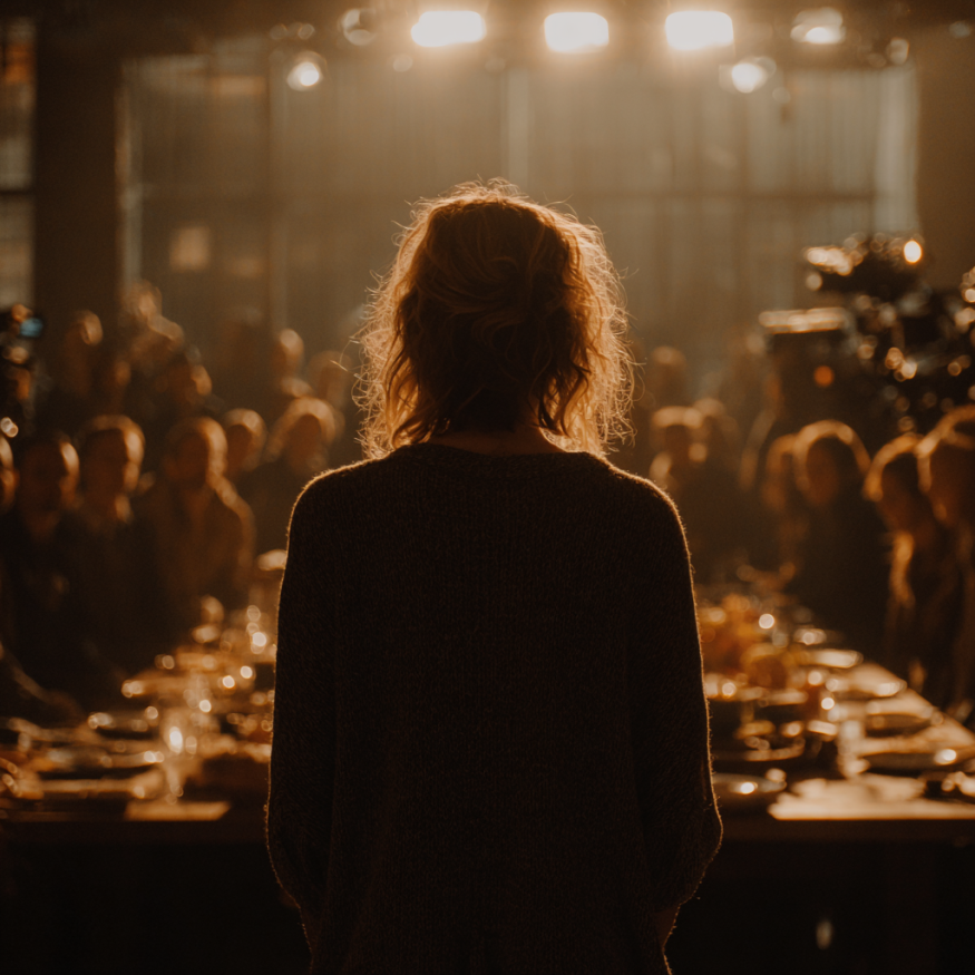 Une femme debout à la tête d'une table
