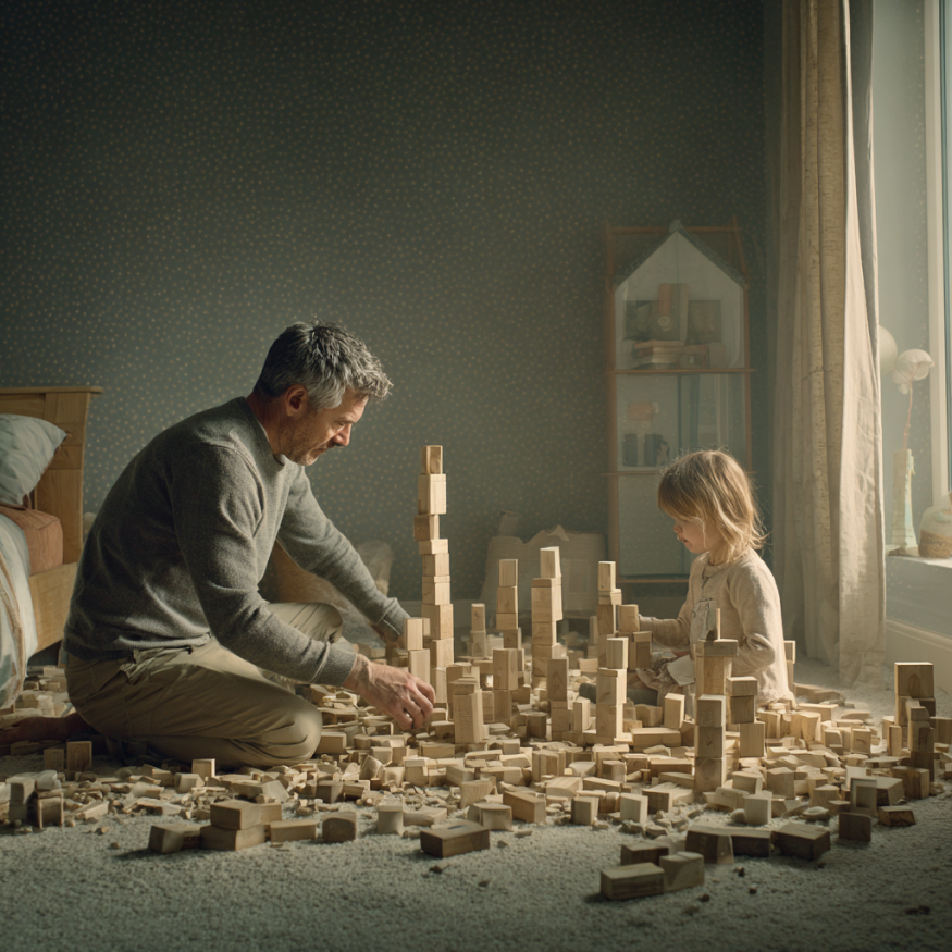 Un homme et une petite fille jouant avec des blocs