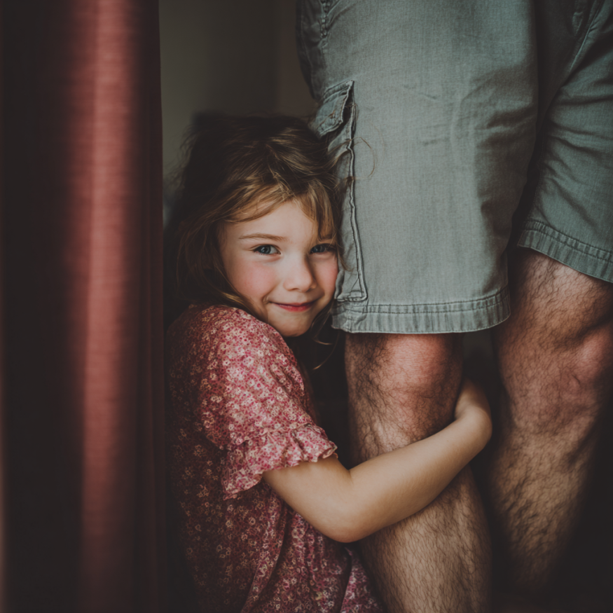 Une petite fille qui serre la jambe d'un homme