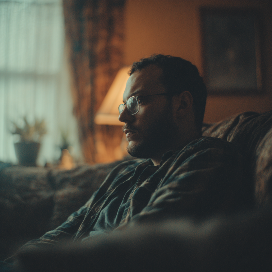 Un homme sérieux assis sur un canapé
