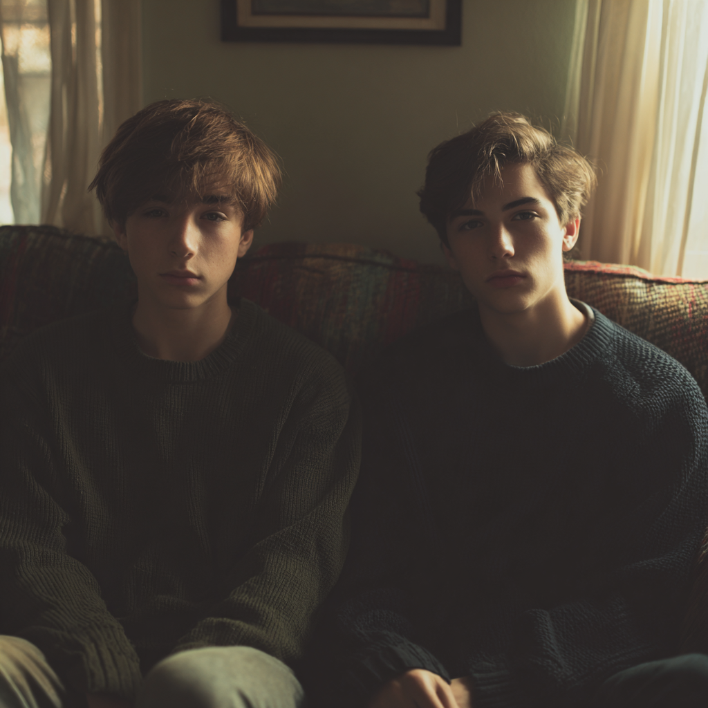 Des jumeaux assis sur un canapé | Source : Midjourney