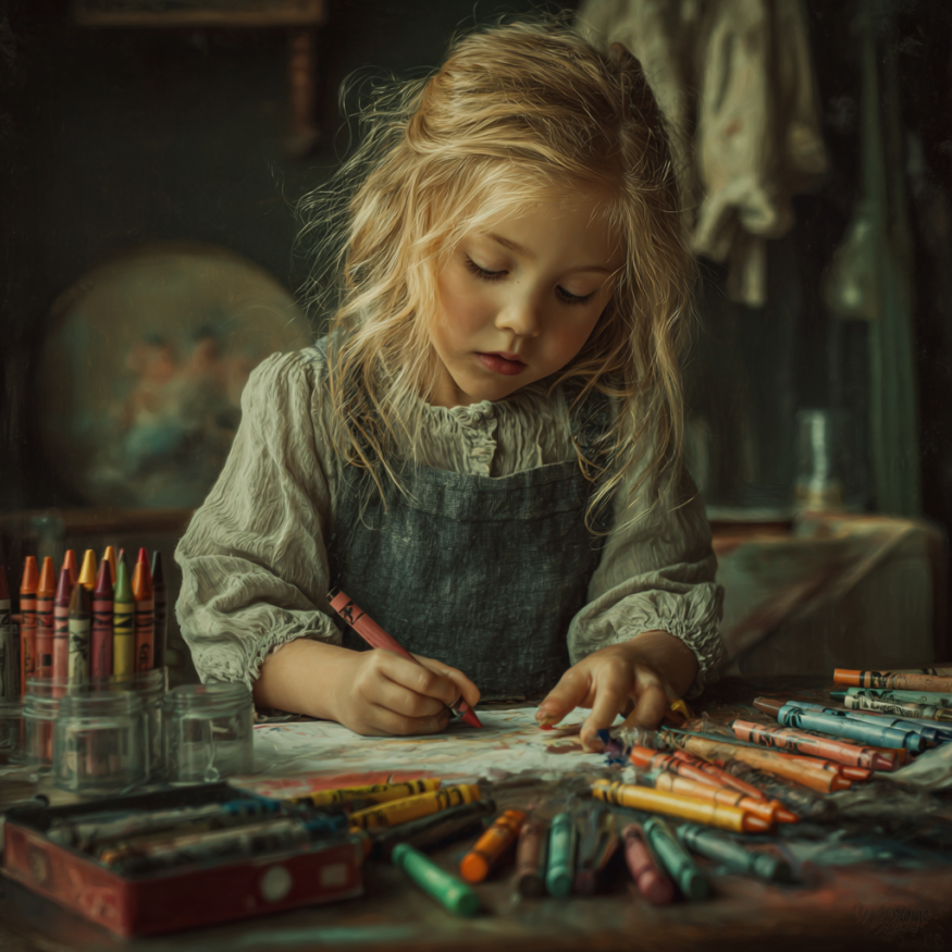 Une fille dessinant avec des crayons