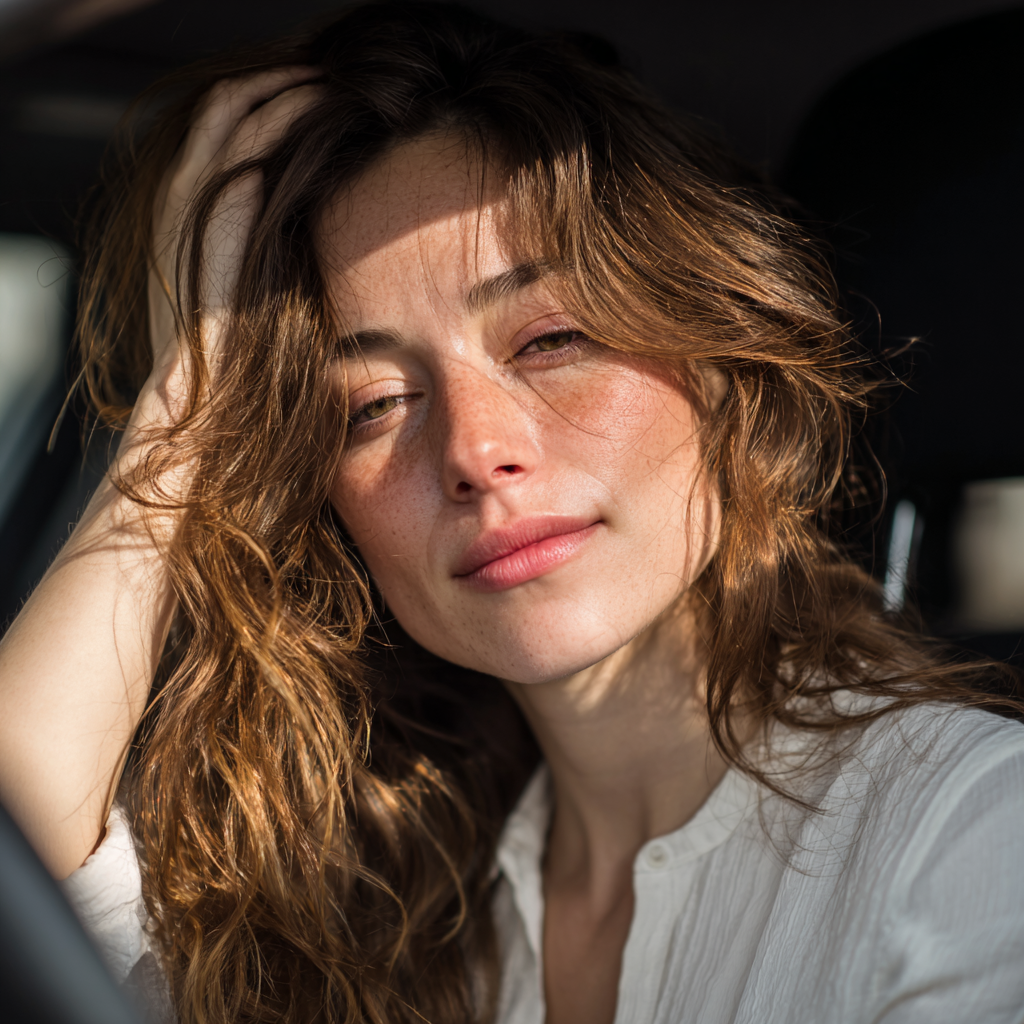 Une femme émotionnelle assise dans une voiture | Source : Midjourney