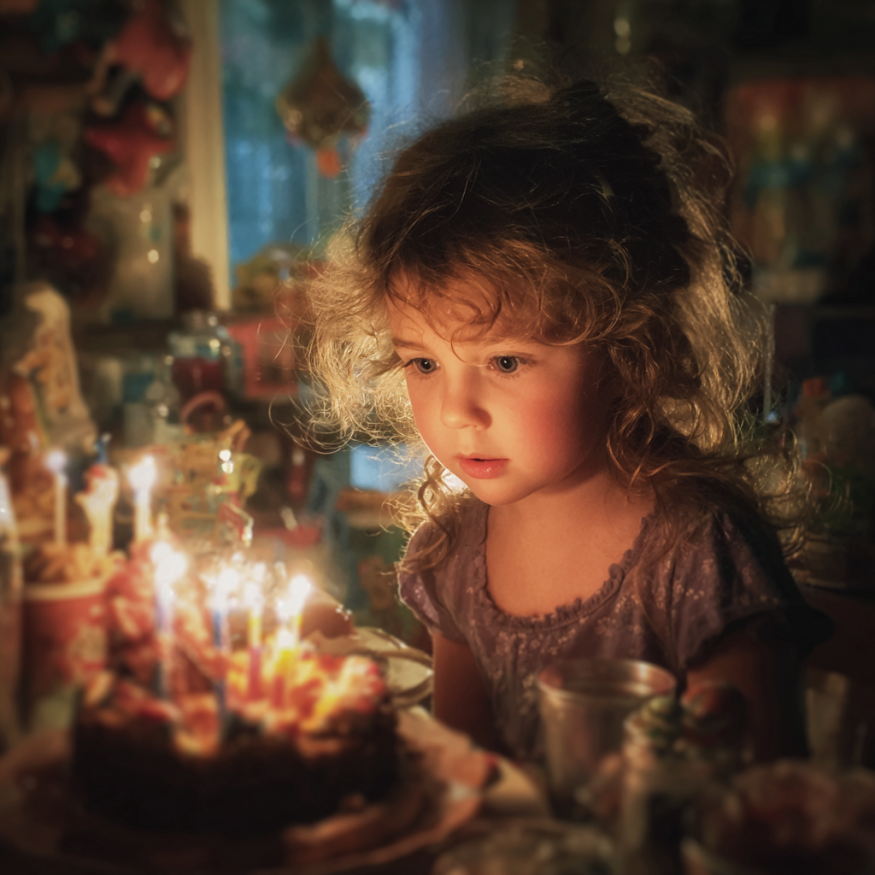 Une fille regardant un gâteau d'anniversaire