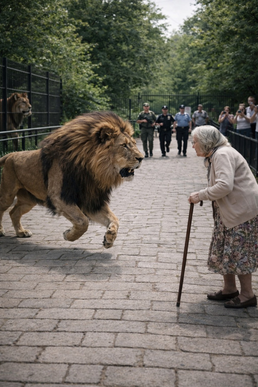 Un lion s’échappe du zoo et s’arrête près d’une vieille dame au parc ...